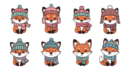 Cute fox mascot icon set, adorable woodland animals. Cartoon foxes wearing cozy winter hats and scarves, a charming illustration collection for seasonal projects