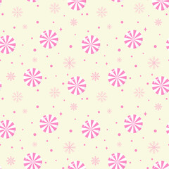 Cute Christmas seamless pattern with pastel pink lollipops and snowflakes isolated on light yellow background.Merry Xmas vector graphic illustration wallpaper.