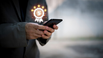 Businessman shows the sign of the top service Quality assurance 5 star, Guarantee, Standards, ISO certification and standardization concept, the best of product and service, the best quality very good