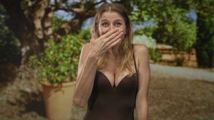 Woman covering mouth with hand in park by potted plant and tree-lined path, wearing brown swimsuit and loose hair; surprise.