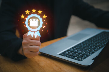 Certified business concept with quality assurance icon top of service in hand, representing trusted services and verified shops. Ideal for e-commerce, brand trust, or digital marketing visuals.