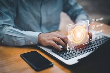 Business planning concept and strategic goal setting and with a businessman pointing at a target icon and checklist. Ideal for success, productivity, project execution and leadership content.