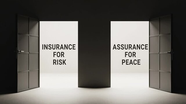 Insurance for risk, assurance for peace concept animation, two opening doors revealing market contrast, metaphor of choice, balance and decision making, ideal for education, busine