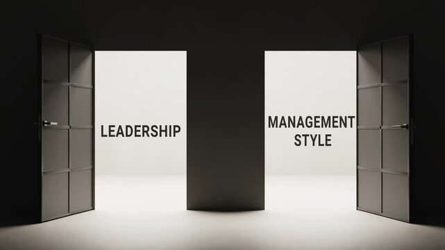 Leadership vs. management style concept animation, two opening doors revealing corporate contrast, metaphor of choice, balance and decision making, ideal for education, business an
