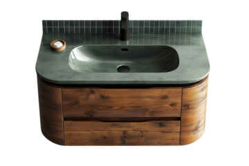 Modern bathroom vanity featuring a green stone countertop and rustic wood cabinet design style on transparent background