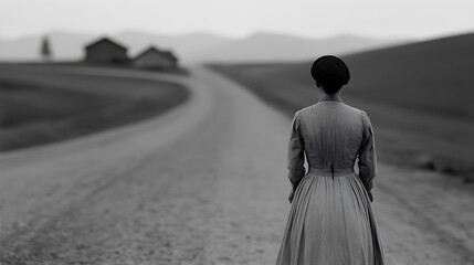 Woman in modest dress walking on a rural road, facing away from the viewer. Farm buildings in distance. Black and white photography. Tranquil and somber mood.