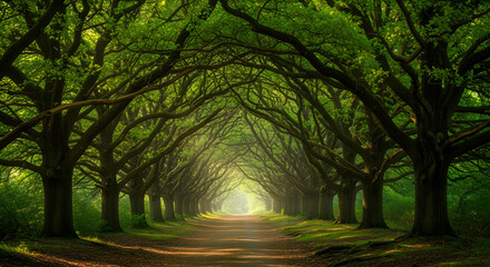 Fototapeta premium Sunlight streams through a majestic tunnel formed by massive, arching oak trees along a dirt road.