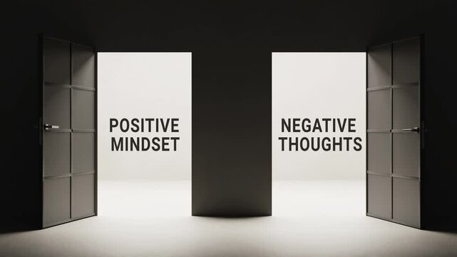 Positive mindset vs. negative thoughts concept animation, two opening doors revealing mental contrast, metaphor of choice, balance and decision making, ideal for education, busines
