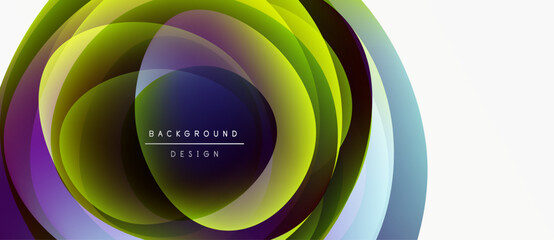 Abstract colorful layers create dynamic circular design. Gradient hues blend, forming modern background element. Text reads background design.