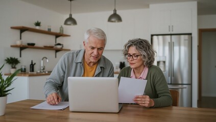 Senior couple working on finances together at home with a laptop and papers
