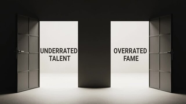 Underrated talent vs. overrated fame concept animation, two opening doors revealing creative contrast, metaphor of choice, balance and decision making, ideal for education, busines