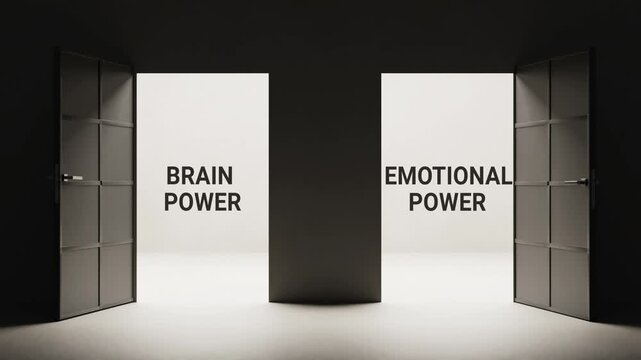 Brain Power vs Emotional Power concept animation, two opening doors revealing contrast of logic and feeling, metaphor of mind and heart decision balance