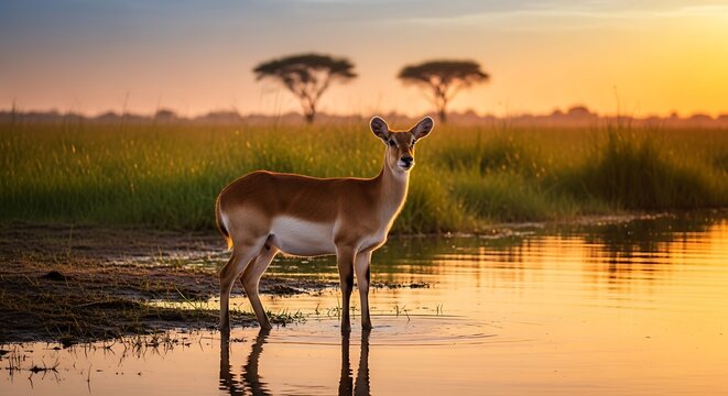 Elegant Lechwe Antelope in Okavango Delta at Sunset.