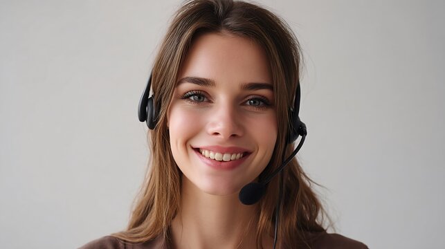 Cheerful woman wearing headset smiling brightly in a professional reception area with neutral setting - Powered by Adobe