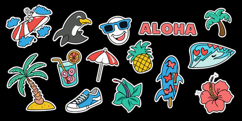 Collection of fun and colorful summer vacation stickers featuring aloha theme and tropical elements © Sanjoy