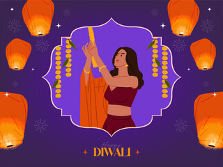 Diwali festival banner design with festive elements and Indian woman with diyas vector illustration 
