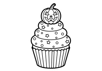 A spooky black and white illustration of a Halloween cupcake topped with a carved pumpkin, perfect for holiday crafting and design projects