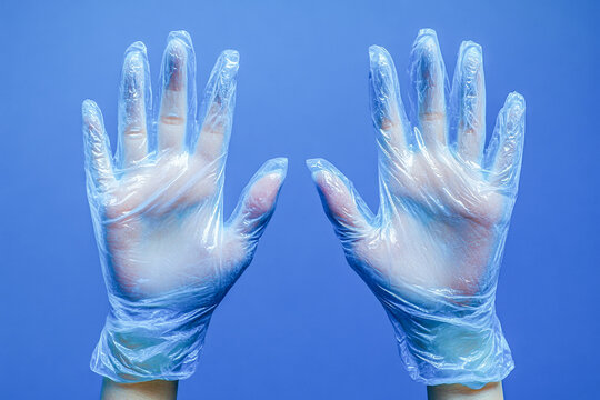 Hands covered with clear disposable gloves are raised in a bright blue background, prepared for cooking or cleaning tasks - Powered by Adobe
