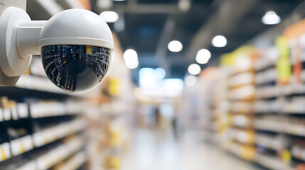Security camera monitoring a retail space, ensuring safety. Surveillance and protection in stores and public areas. Crime prevention through technology.