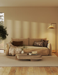 Minimalist living room in beige tones with sunlight and soft textures. Cozy interior design with wooden elements, stylish furniture and warm modern atmosphere.