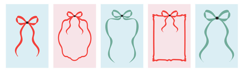 Hand-drawn doodle Christmas frames with wavy lines, bows, and ribbons in a vintage retro style. Whimsical vector borders perfect for holiday cards, posters, banners, invitations, and New Year designs.