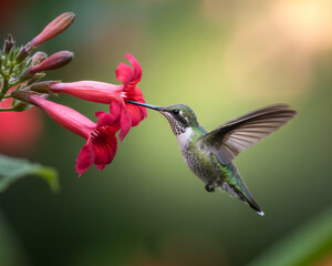 Hummingbird feeding on red flower image photo