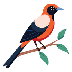 Minimalist Bird with Branch and Leaf Vector Illustration on White Background