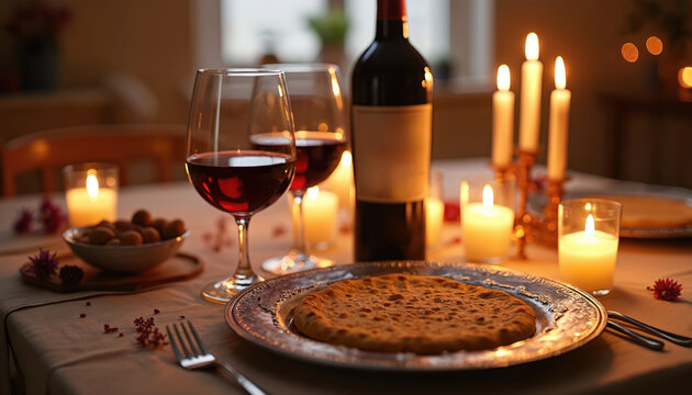 Passover Seder table set with red wine glasses, bottle, burning candles. Matzah on silver plate, nuts in bowl. Festive traditional Jewish holiday dinner, celebration meal at home. Warm, spiritual