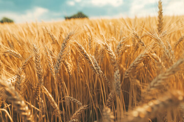 Fototapeta premium Wheat plants grow tall under a bright sky, their golden heads swaying softly in the wind during summer days