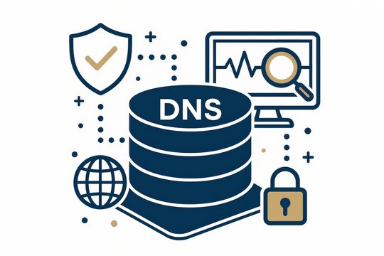 Comprehensive visualization representing DNS server technology highlighting security measures and data monitoring system with elements of network management and infrastructure resilience