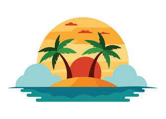 Romantic Sunset on Beach Island Vector Illustration
