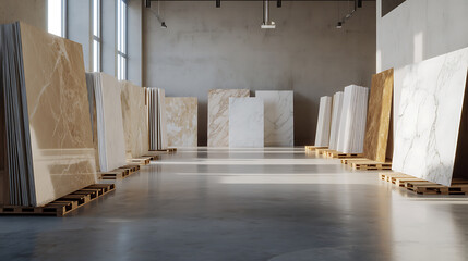 Slabs of stone and tile, a testament to elegance, stand in rows within a bright, open warehouse. The assortment of textures and patterns create a mesmerizing display.