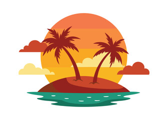 Sunset on Tropical Island Vector Illustration