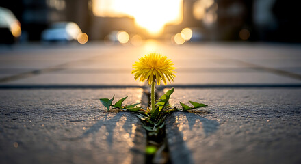 A vibrant yellow dandelion bravely pushes through the crack in the pavement at sunset
