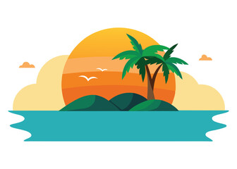 Paradise Beach Island Sunset Vector Art