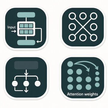 Conceptual visualization of deep learning architecture with attention mechanisms, input pathways, and computational flow represented in modern digital design styles and iconography