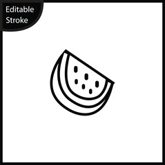 A simple line icon depicting a wedge or slice of watermelon, complete with seeds and rind details, centered on a white background. This clean, editable stroke symbol represents summer, healthy eating.