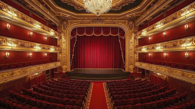 An expansive view of a magnificent, empty theater interior, showcasing rows of plush red velvet seats facing a grand stage adorned with rich, deep red curtains. Intricate golden architectural details 