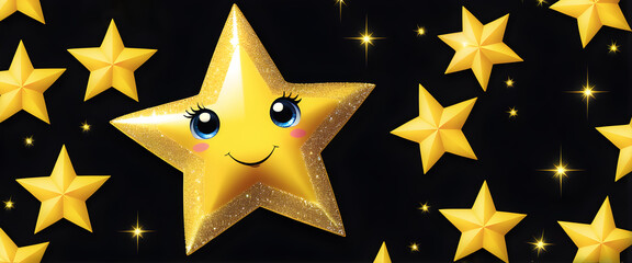 Cute golden star character with smiling face and pink cheeks. Shiny star illustration on dark background with small stars. Adorable star decoration for invitations and greeting cards.