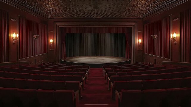 An opulent and empty vintage theater awaits its audience, showcasing rows of plush red velvet seats facing a large, dark-curtained stage. Ornate wall sconces cast a warm glow on the elegant interior, 