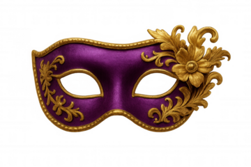 Purple and gold masquerade mask featuring ornate baroque style decorations, representing mystery and carnival celebration