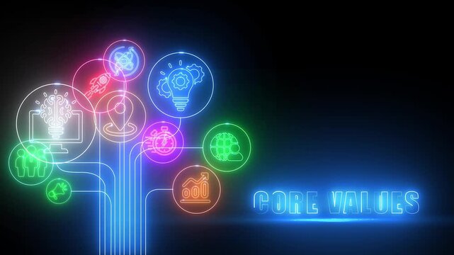 Neon Icons and COREVALUES Text Connected by Glowing Blue Lines on Black Background abstract