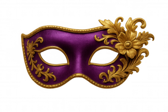 Purple and gold masquerade mask featuring ornate baroque style decorations, representing mystery and carnival celebration