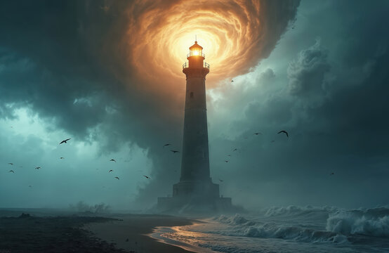 Lighthouse stands tall against raging storm with dramatic orange sky swirl above. Waves crash on shore as birds fly through dark misty weather. Hope shines from beacon.