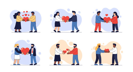 Fototapeta premium Diverse couples share love and affection with heart symbols in these illustrations.