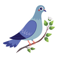 Pigeon Sitting on Branch with Leaves Vector Illustration