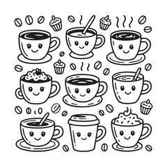Cute Kawaii Coffee Cups and Muffin Illustrations with Coffee Beans vector
