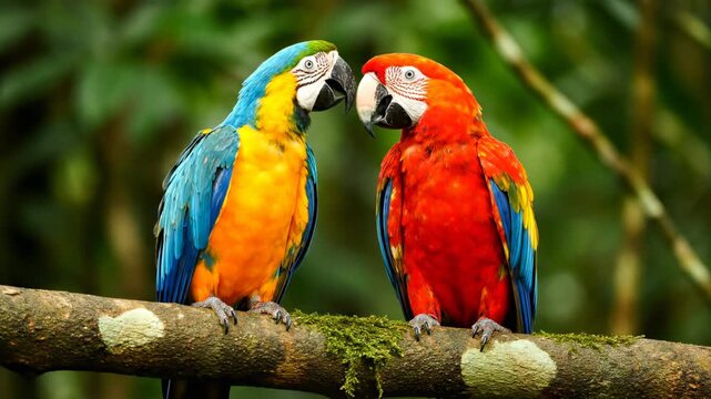 Two vibrant parrots engage affectionately while perched on a branch. Surrounded by lush greenery, this scene captures the beauty of wildlife