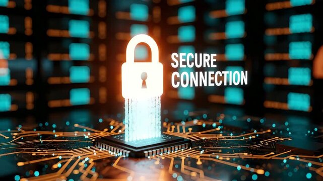 Digital padlock symbolizing a secure connection over a computer chip and circuit board