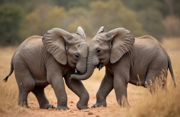Obraz premium Two young elephants tenderly embrace using their trunks. Siblings interact playfully in a savanna landscape. Their gentle touch shows a special bond in the wild African habitat.